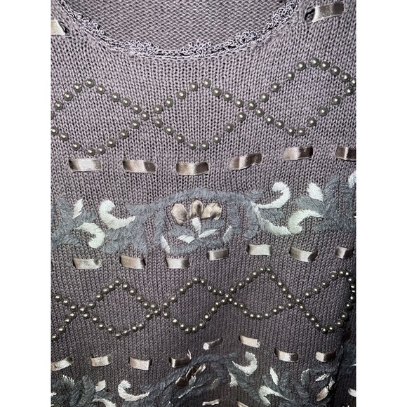 All Points by Reference Points Sweater M Grey Beaded Embroidered Ribbon Vintage - Picture 3 of 8